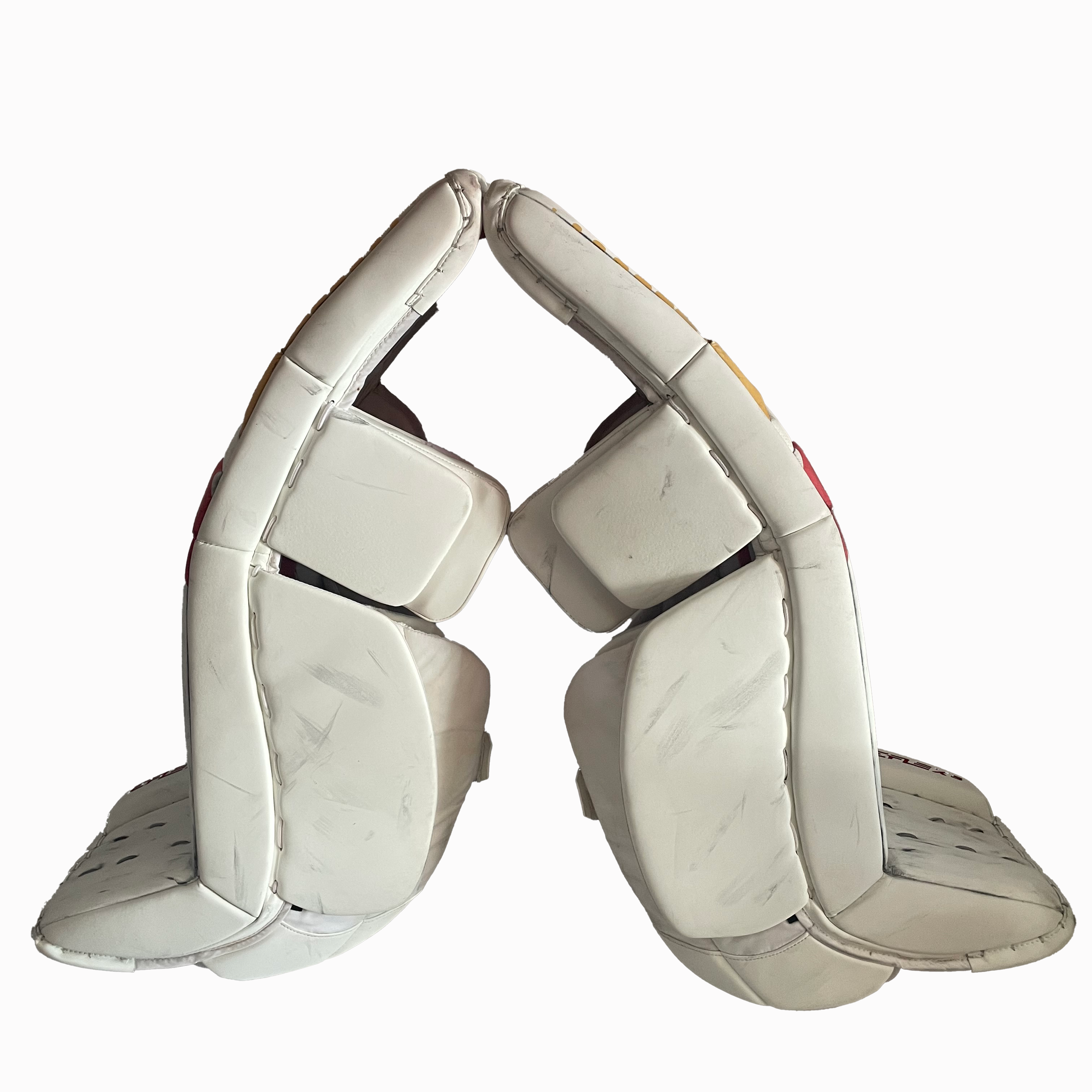 CCM Extreme Flex 5 - Ensemble complet de gardien de but AHL Pro Stock d'occasion (rouge/blanc/jaune)